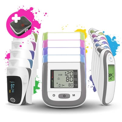 Colour healt kit thermometer blood pressure and oxygen monitor
